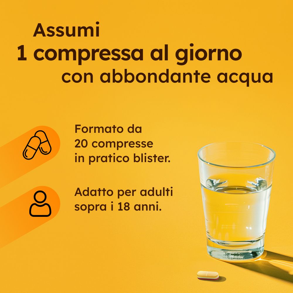 Istruzioni: 1 compressa al giorno con acqua. Formato: 20 compresse in blister. Adatto agli adulti sopra i 18 anni.