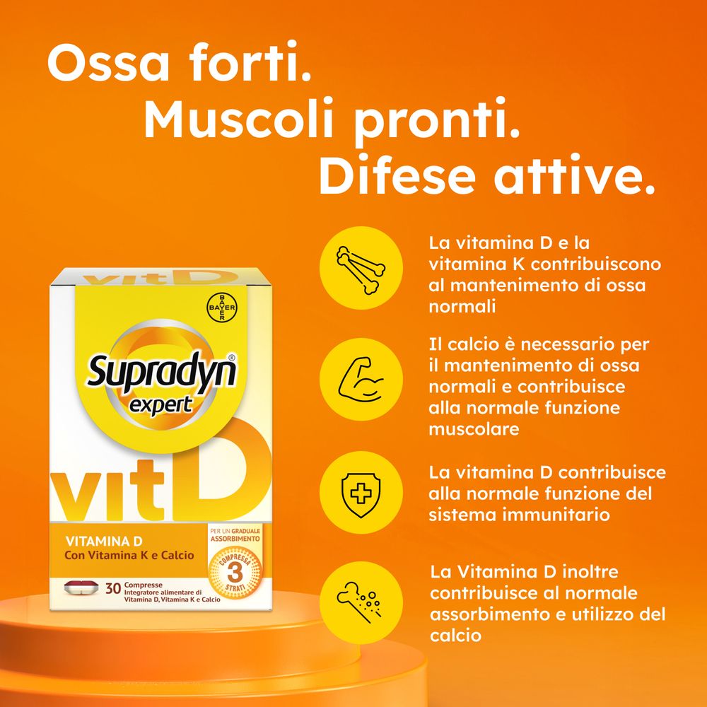 Sfondo giallo con testo: Ossa forti. Muscoli pronti. Difese attive. Immagine del prodotto.