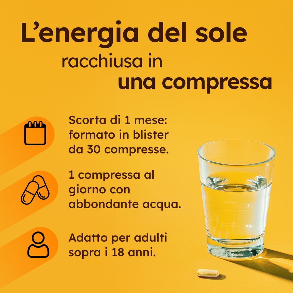 Sfondo giallo. Testo: L'energia del sole in una compressa. 30 compresse in blister.