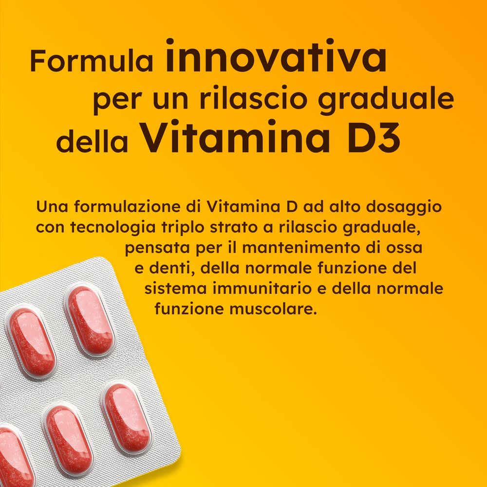 Sfondo giallo. Testo: Formula innovativa per il rilascio graduale della Vitamina D3.