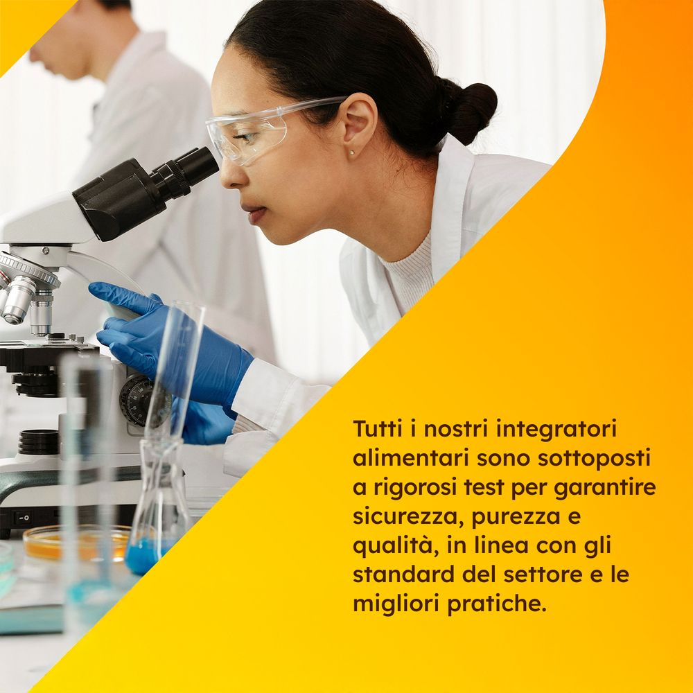 Ambiente di laboratorio. Scienziato con microscopio. Testo: Tutti gli integratori sono testati.