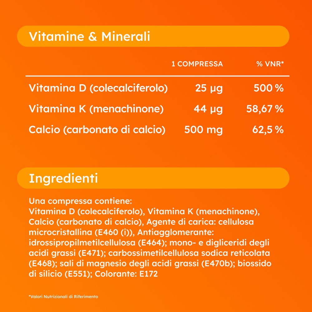 Sfondo giallo. Tabella con informazioni nutrizionali per compressa: Vitamina D, K, Calcio. Ingredienti.