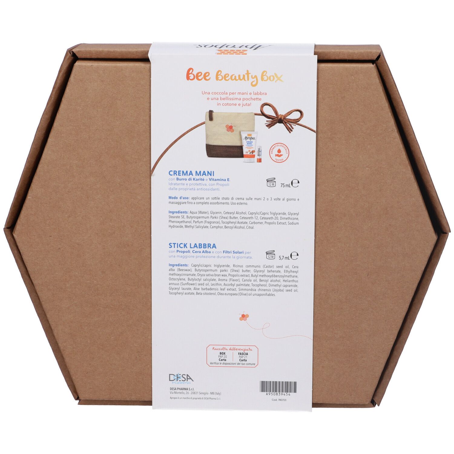 Retro della confezione regalo. Contiene informazioni sul prodotto crema mani e stick labbra. Con ingredienti e informazioni del produttore.