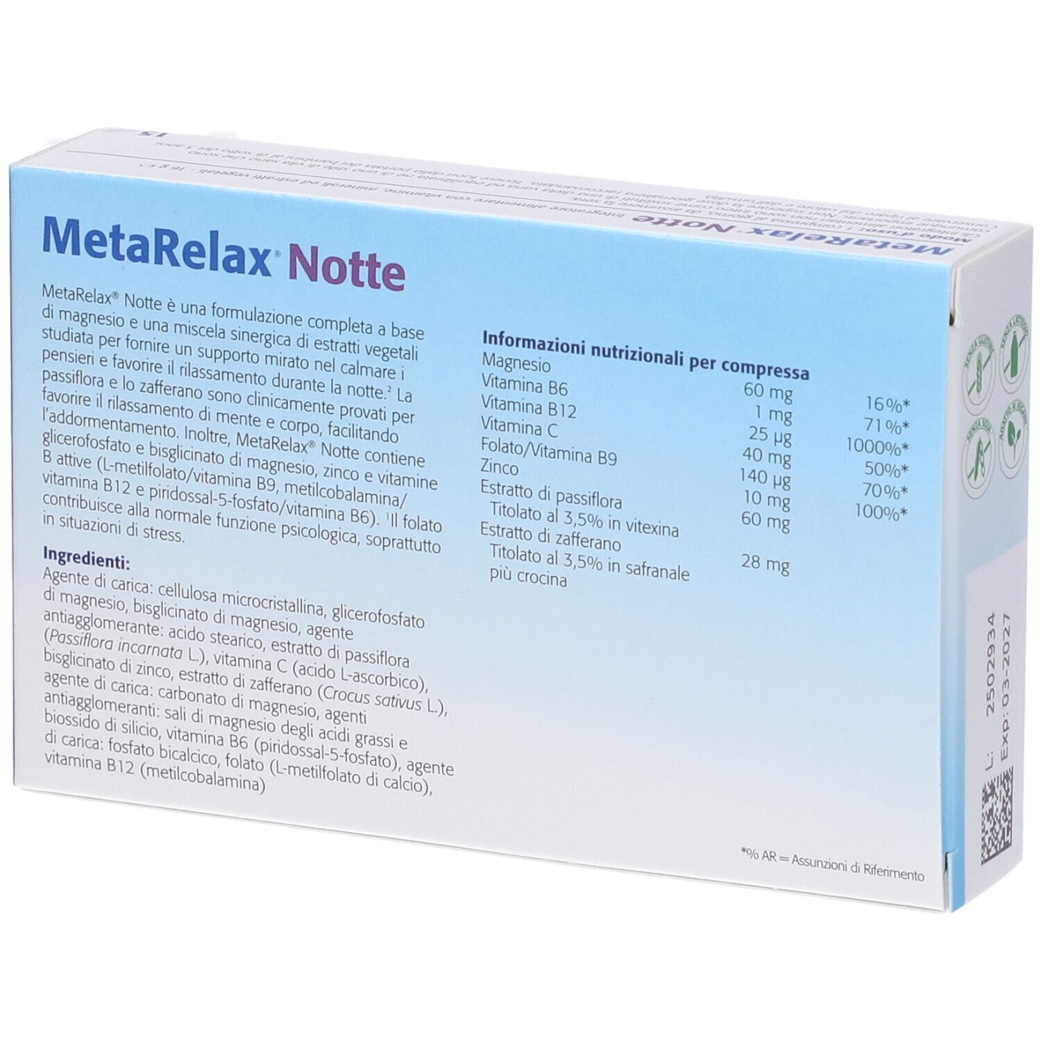 Metagenics MetaRelax Notte 15 Compresse