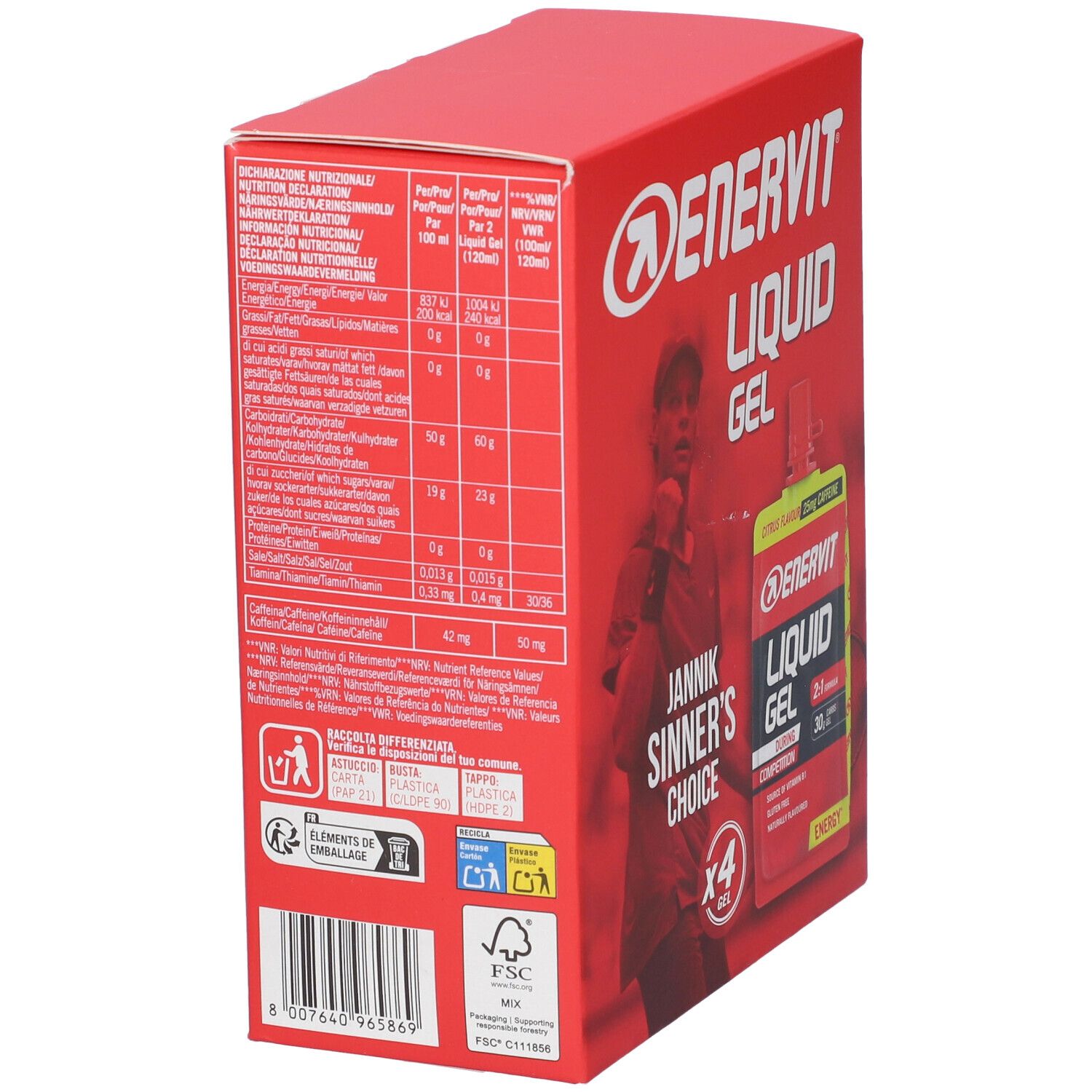 Confezione rossa, vista laterale. Contiene informazioni nutrizionali e logo FSC. Scritte: Enervit Liquid Gel, Jannik Sinner's Choice.