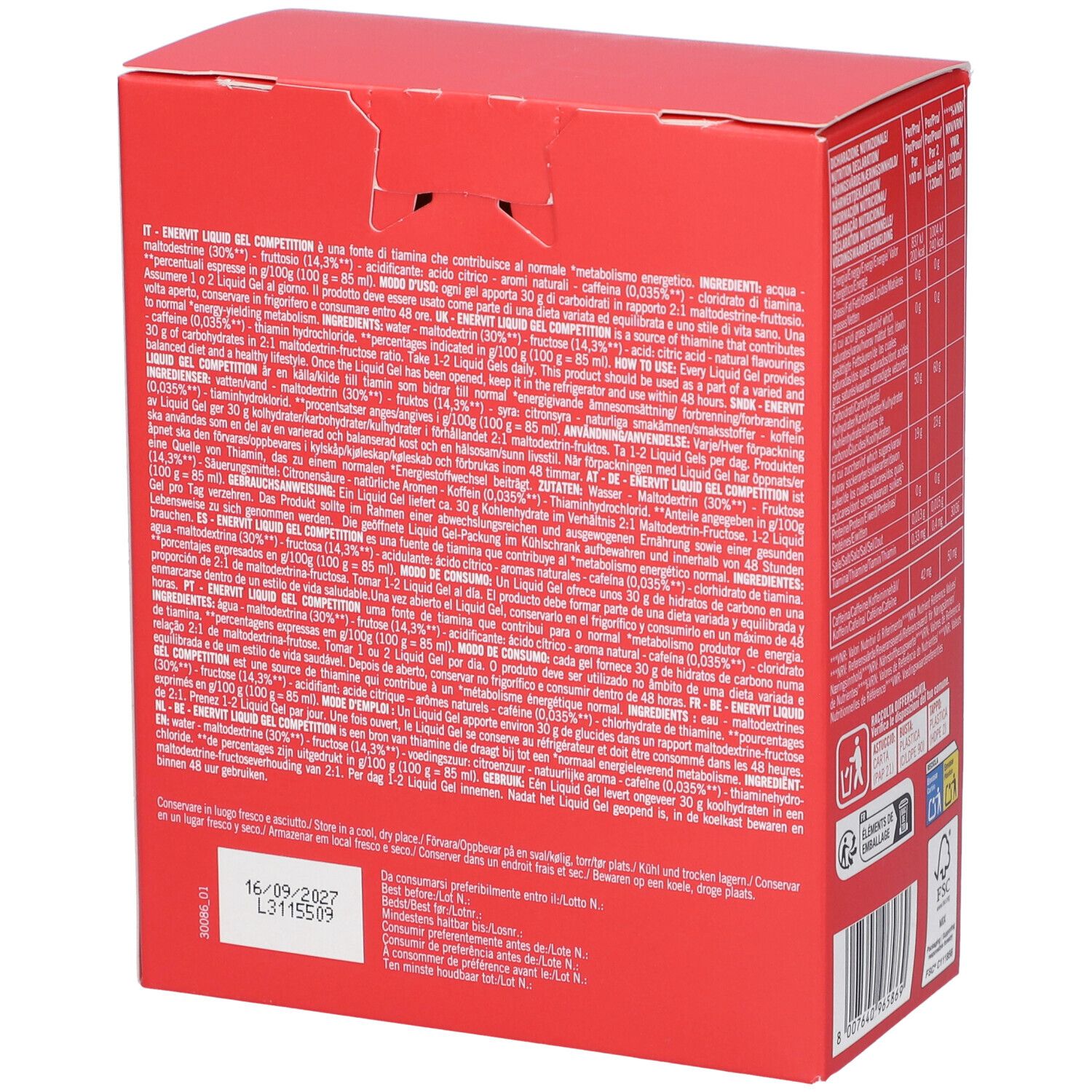 Confezione rossa, retro con testo. Contiene ingredienti e avvertenze. Scritte: Enervit Liquid Gel.