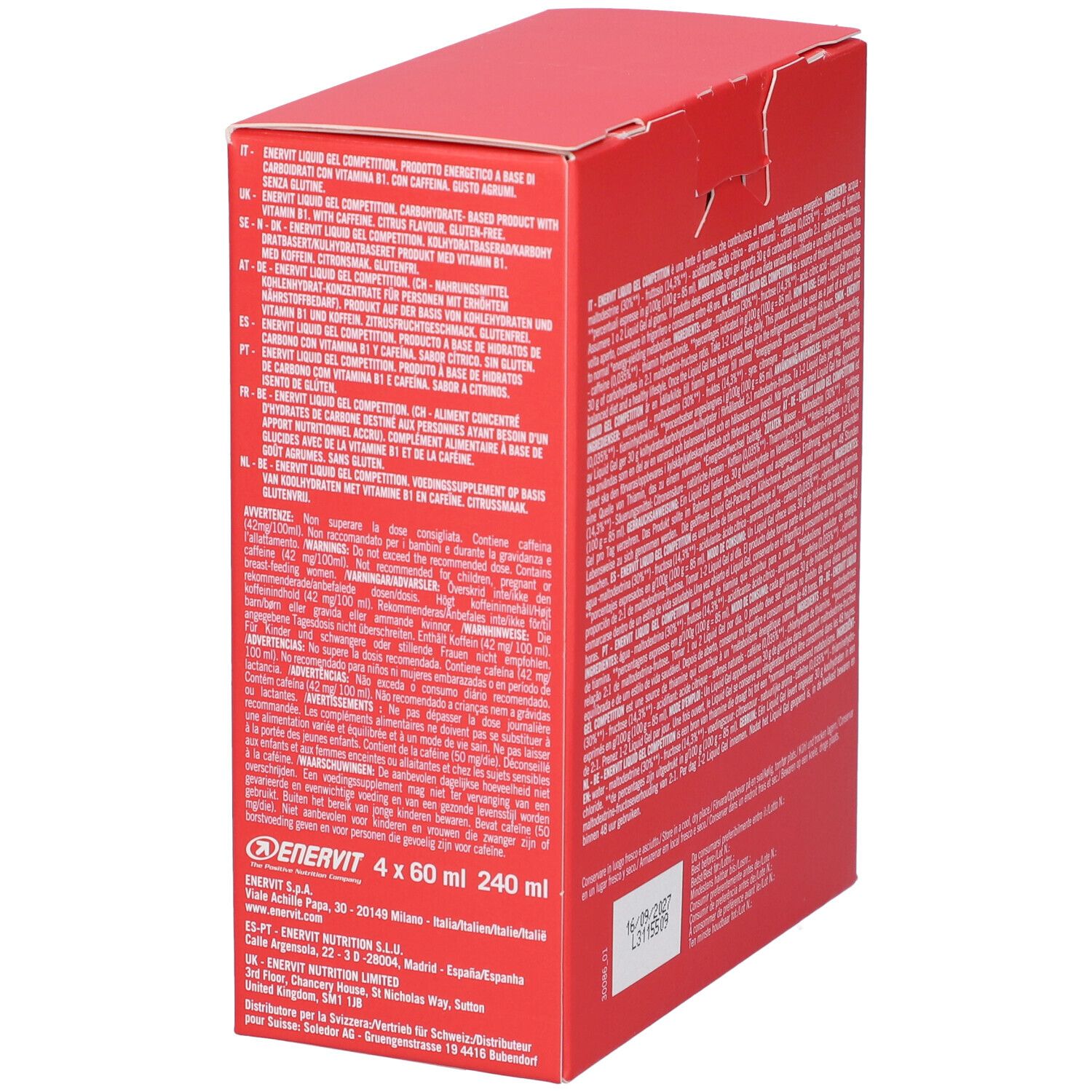 Confezione rossa, vista laterale con testo. Contiene informazioni e logo. Scritte: Enervit Liquid Gel, 4 x 60 ml.
