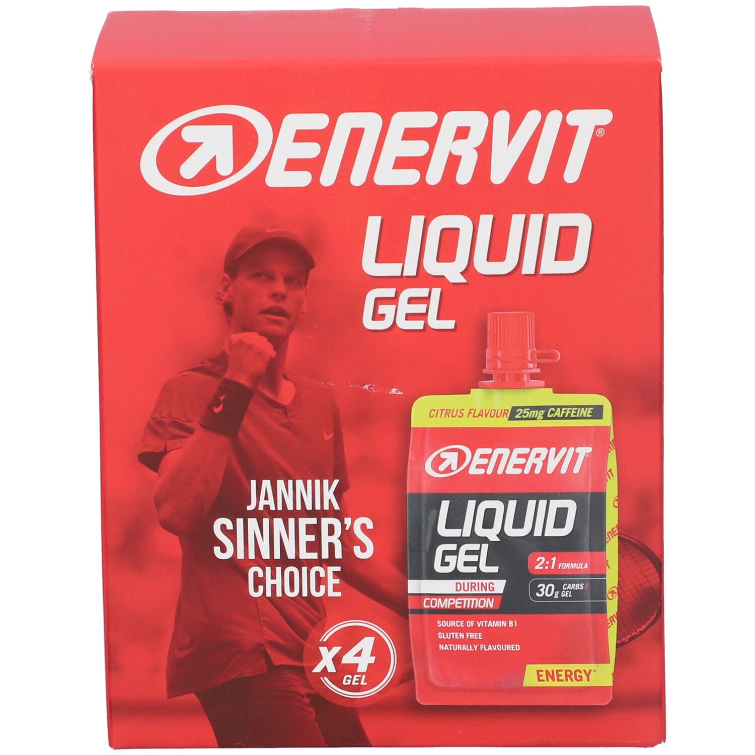 Confezione rossa con immagine del prodotto. Contiene 4 gel. Scritte: Enervit Liquid Gel, Jannik Sinner's Choice, 25mg caffeina.
