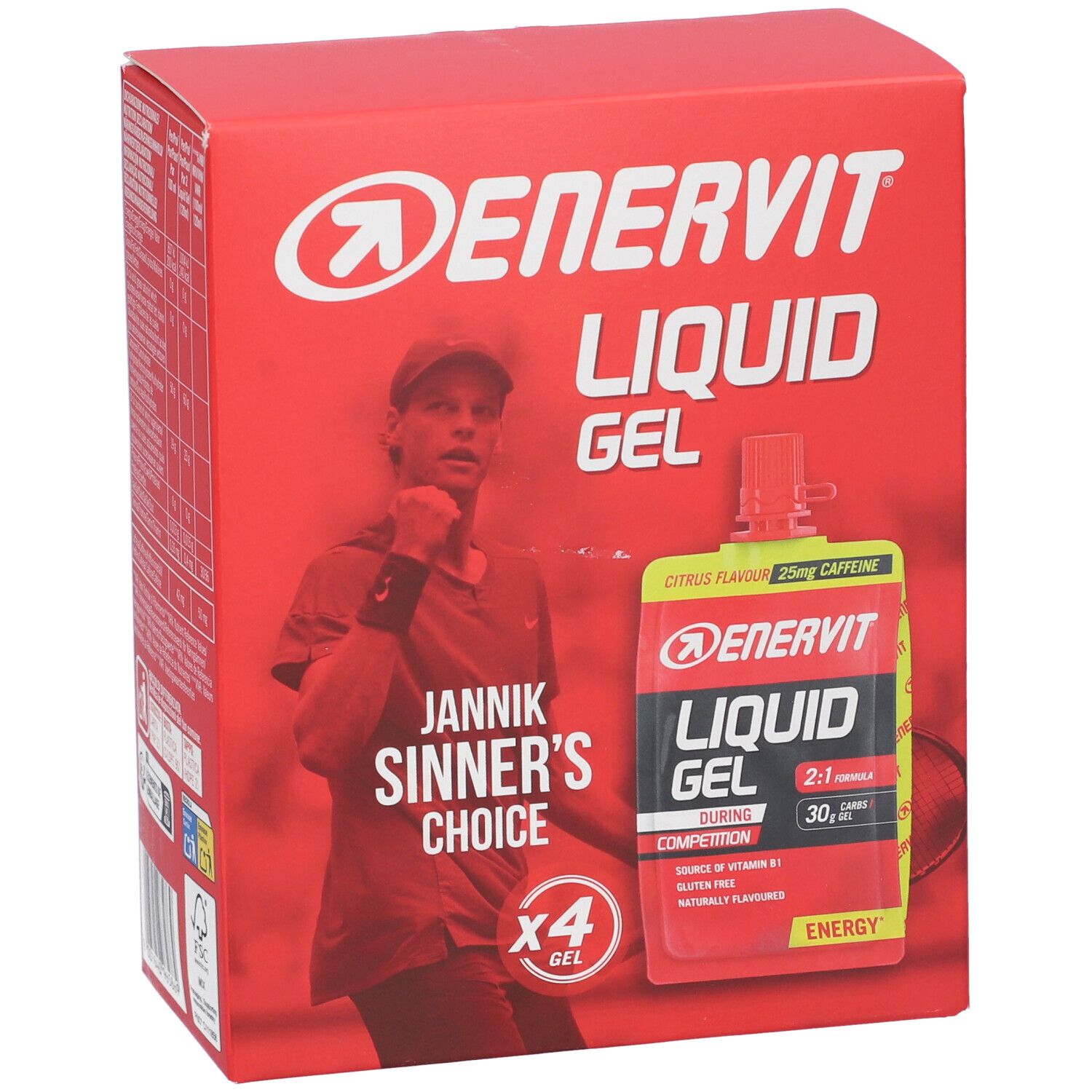Confezione rossa con immagine del prodotto. Contiene 4 gel. Scritte: Enervit Liquid Gel, Jannik Sinner's Choice, 25mg caffeina.