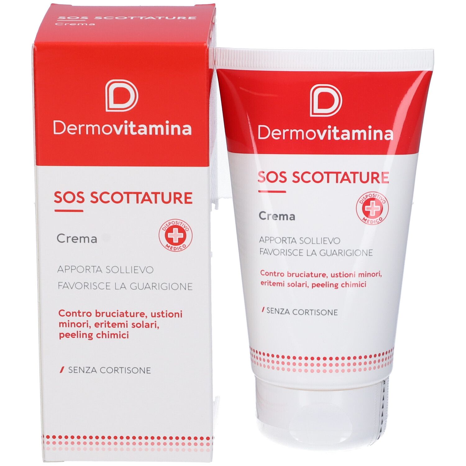 Confezione del prodotto: tubo e scatola. Scritta: Dermovitamina SOS Scottature, Crema. Dispositivo medico.