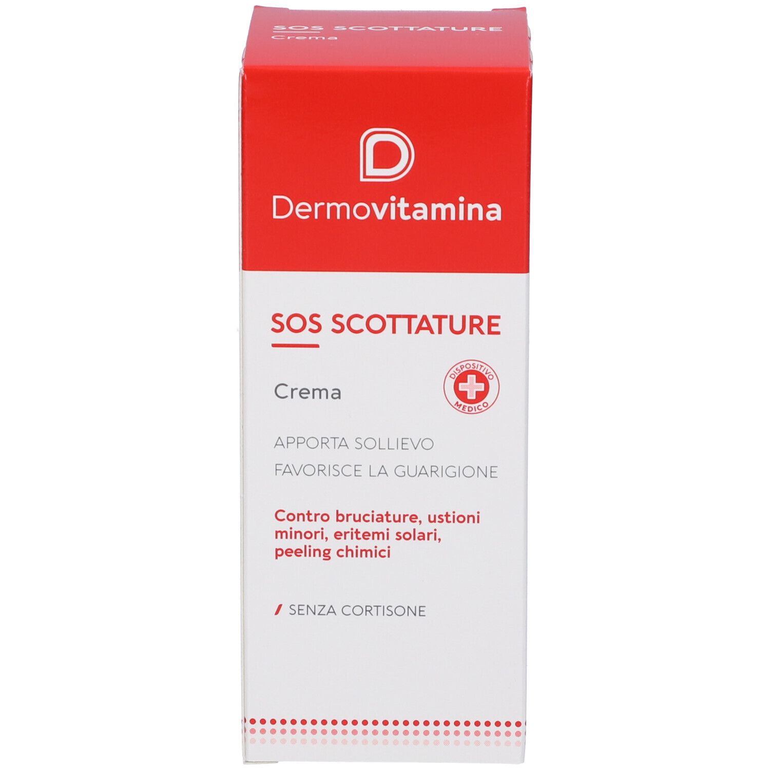 Scatola rossa e bianca. Scritta: Dermovitamina SOS Scottature, Crema. Dispositivo medico.