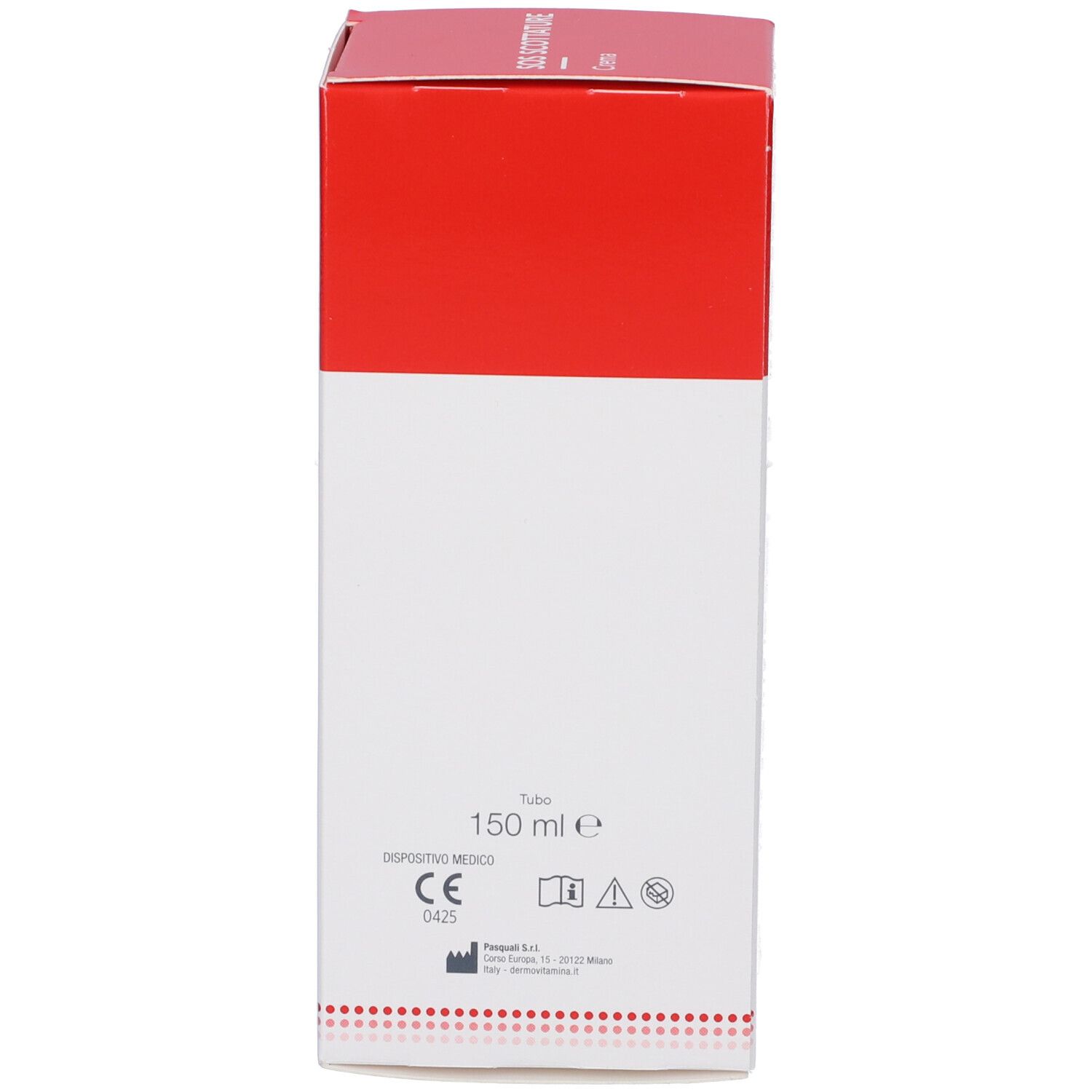 Scatola rossa e bianca. Scritta: SOS Scottature, 150 ml. Dispositivo medico.