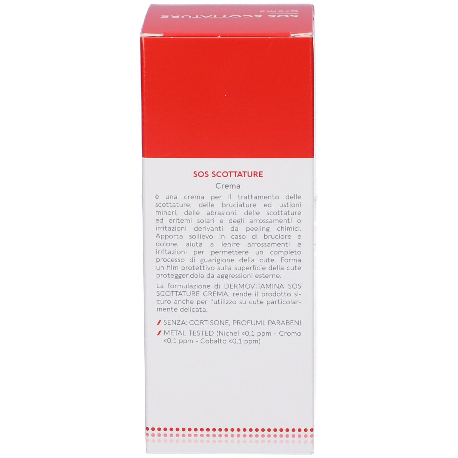 Retro della scatola. Testo: SOS Scottature. Ingredienti, istruzioni, avvertenze.