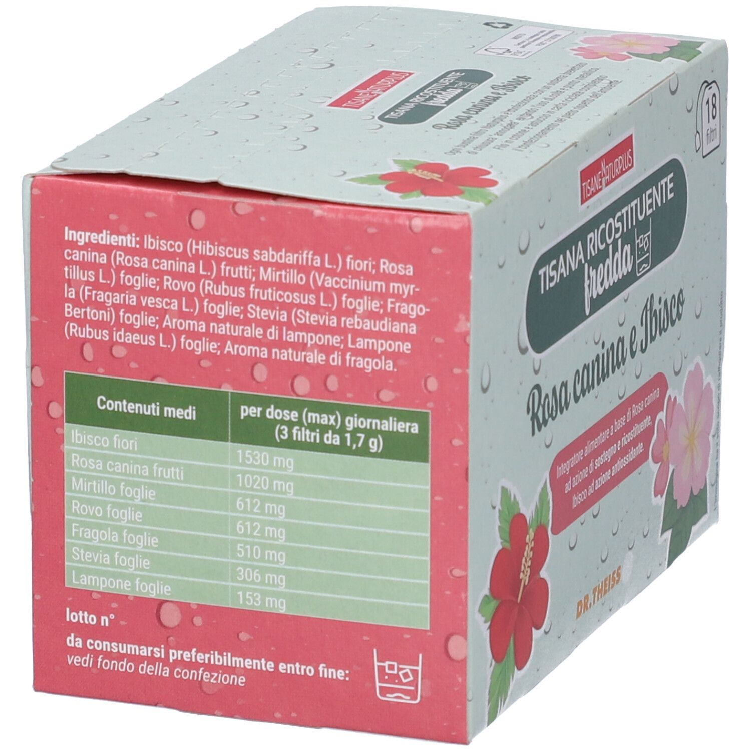Confezione con elenco ingredienti e tabella nutrizionale. Nome prodotto: Naturplus. Scritta: Rosa canina e Ibisco. Marchio: Dr. Theiss.