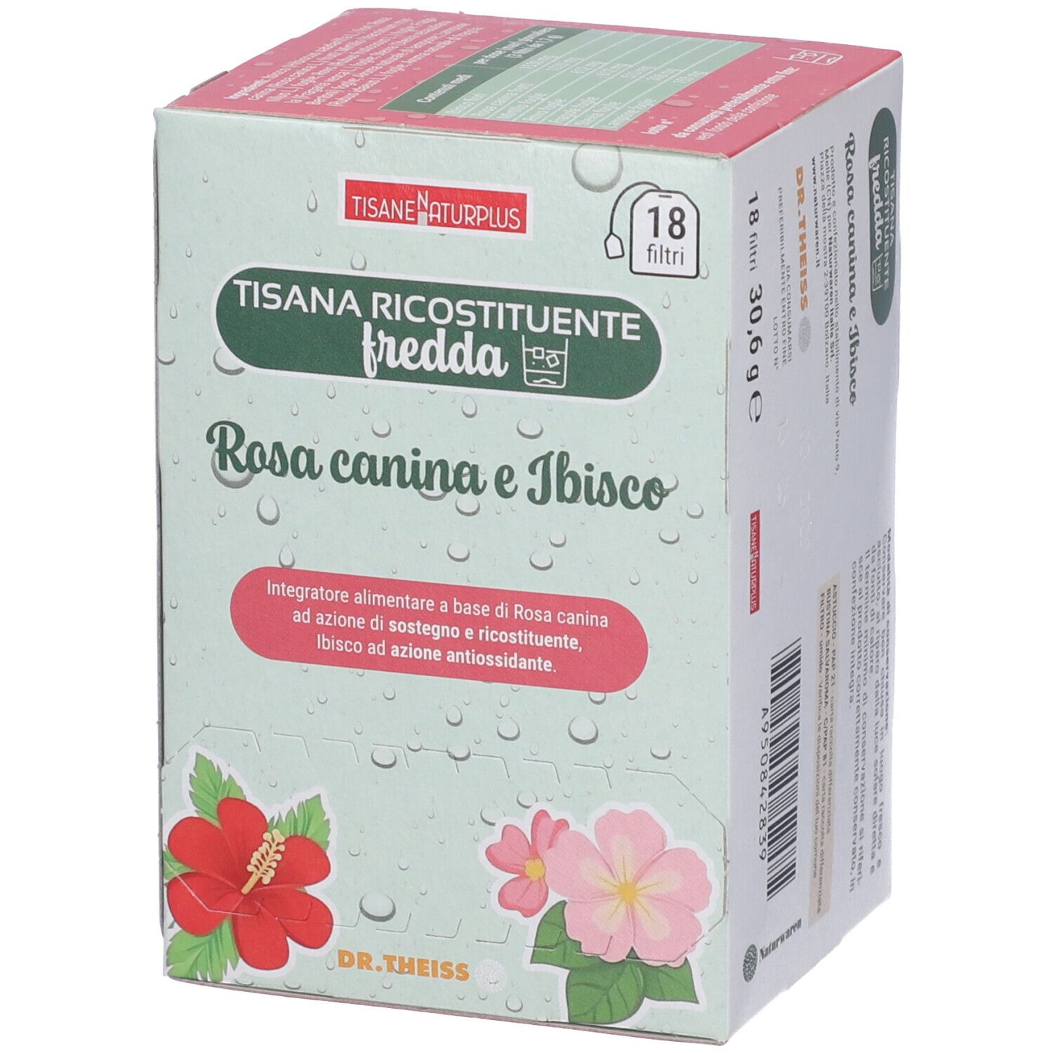 Confezione del prodotto con illustrazioni floreali. Contiene 18 filtri. Nome prodotto: Naturplus. Scritta: Rosa canina e Ibisco. Marchio: Dr. Theiss.