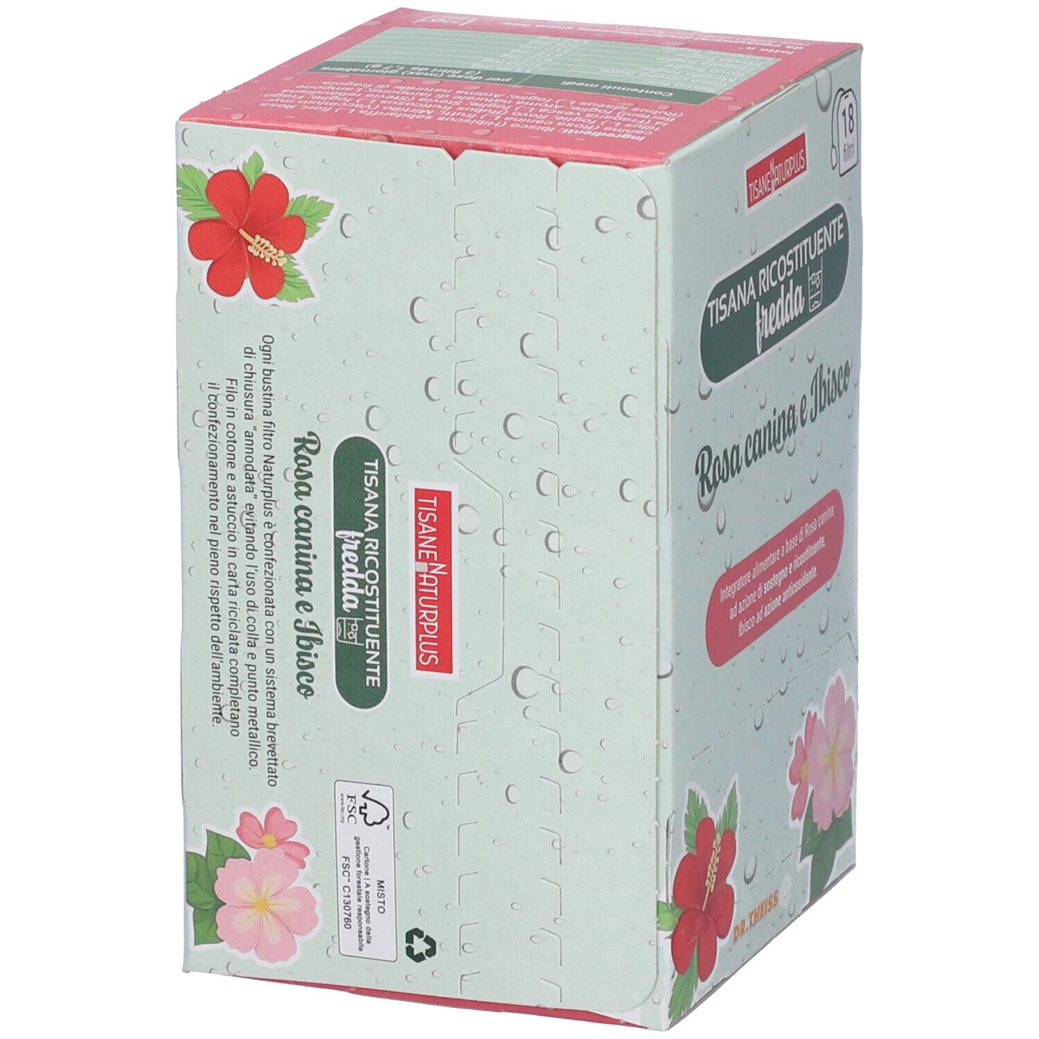 Confezione del prodotto con illustrazioni floreali e testo. Nome prodotto: Naturplus. Scritta: Rosa canina e Ibisco. Certificazione FSC.
