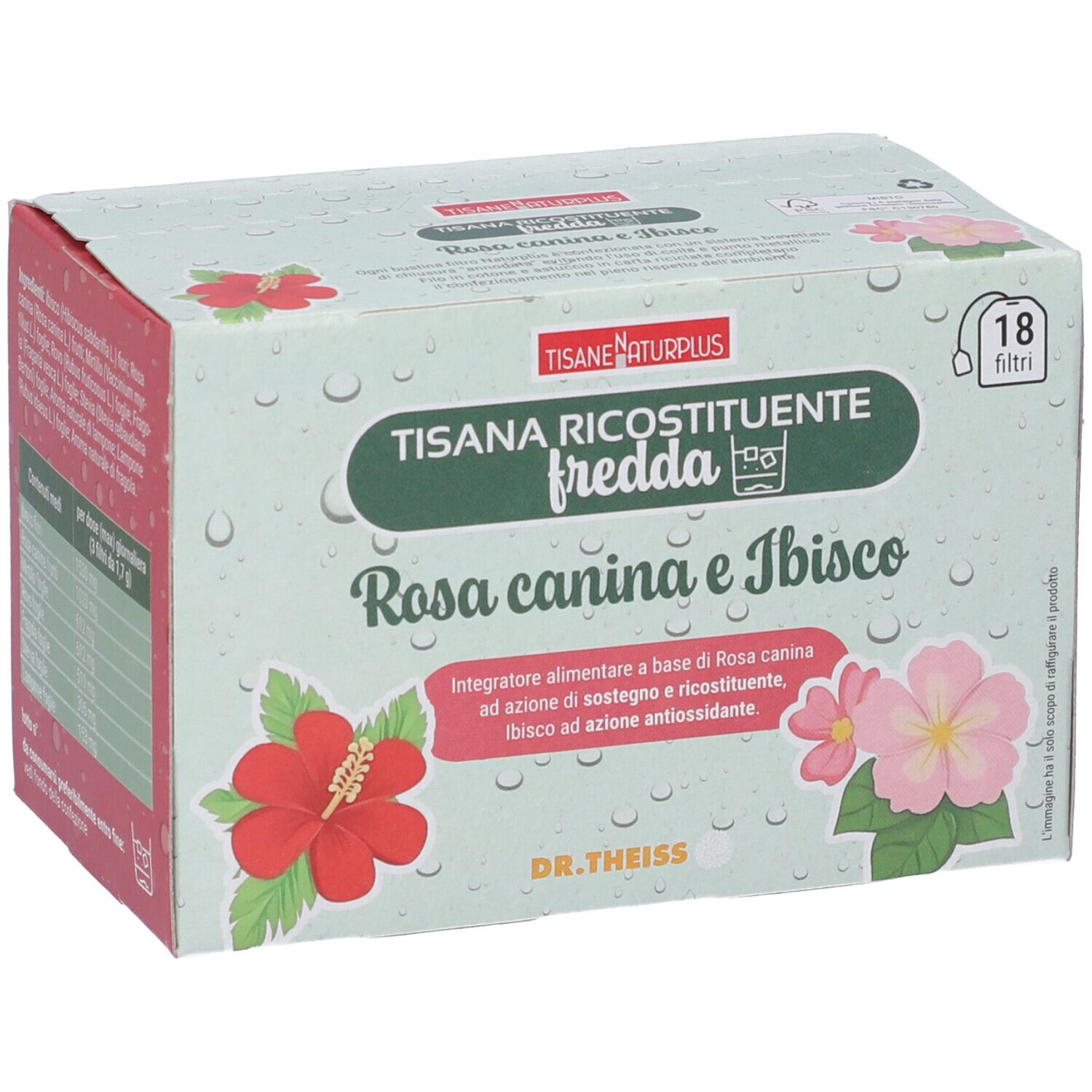 Confezione del prodotto con illustrazioni floreali. Contiene 18 filtri. Nome prodotto: Naturplus. Scritta: Rosa canina e Ibisco. Marchio: Dr. Theiss.