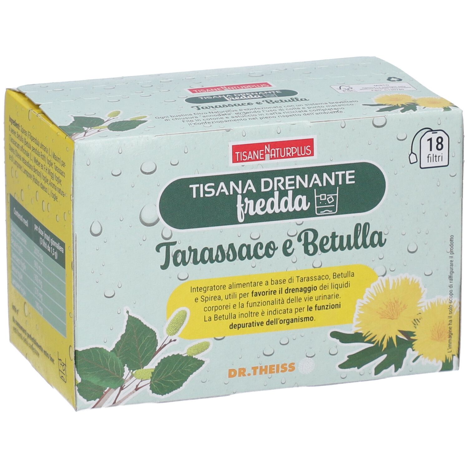 Scatola con testo: TISANE NATURPLUS, TISANA DRENANTE fredda, Tarassaco e Betulla. Contiene 18 filtri. Marchio DR. THEISS.