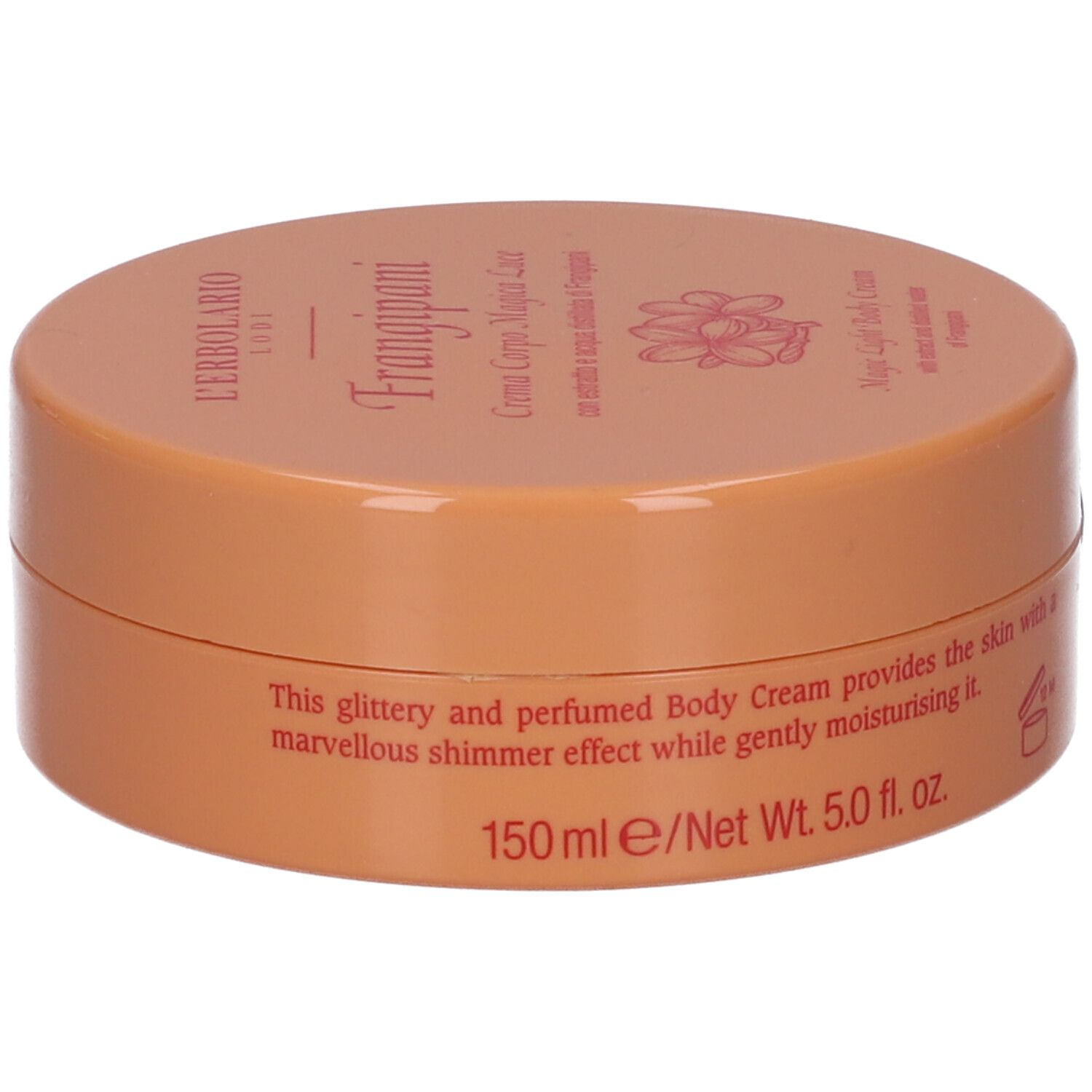 Vaso rotondo arancione. Sul coperchio, "L'Erbolario Lodi Frangipani Crema Corpo Magica Luce".