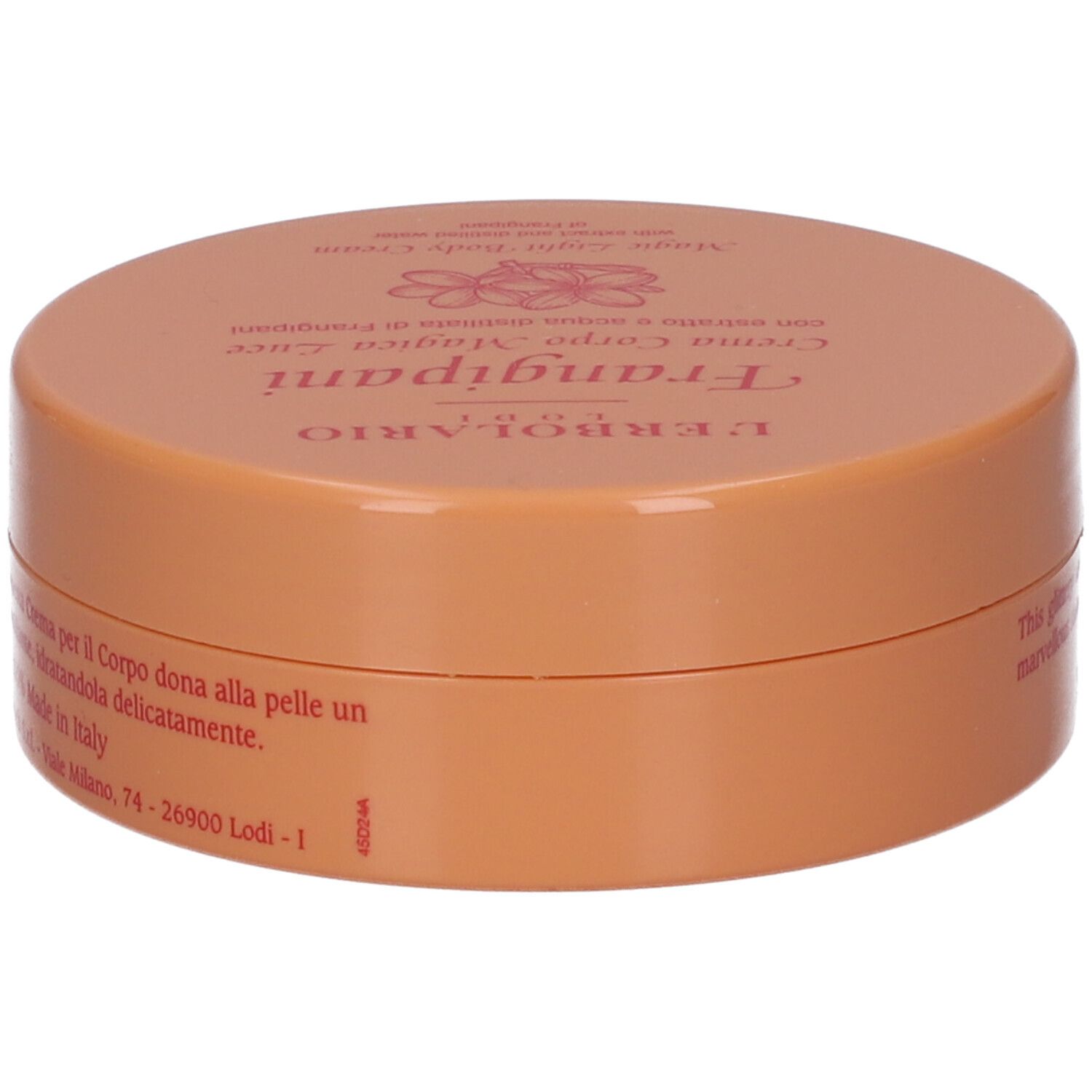 Vaso rotondo arancione. Sul coperchio, "L'Erbolario Lodi Frangipani Crema Corpo Magica Luce".