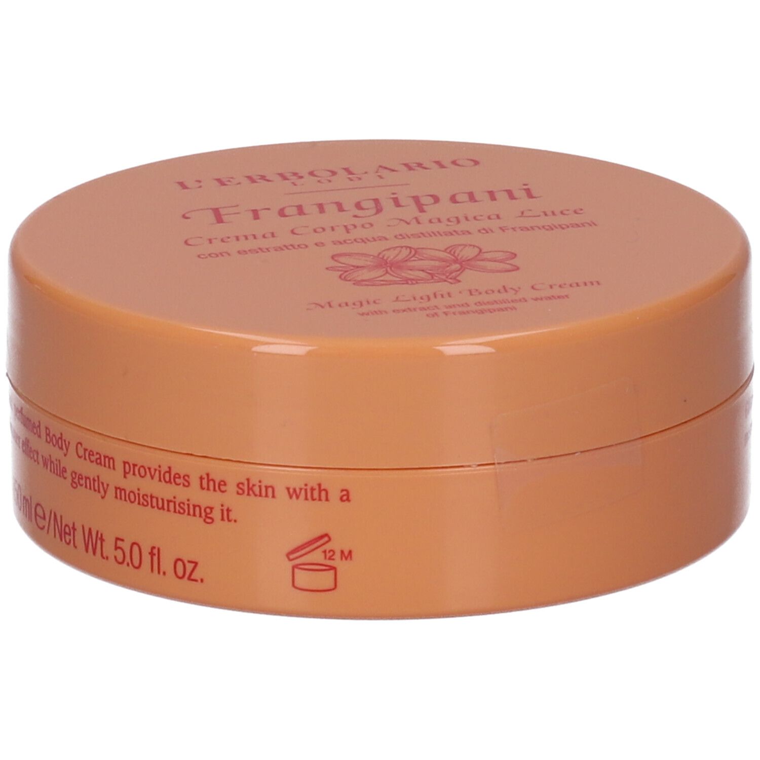 Vaso rotondo arancione. Sul coperchio, "L'Erbolario Lodi Frangipani Crema Corpo Magica Luce".