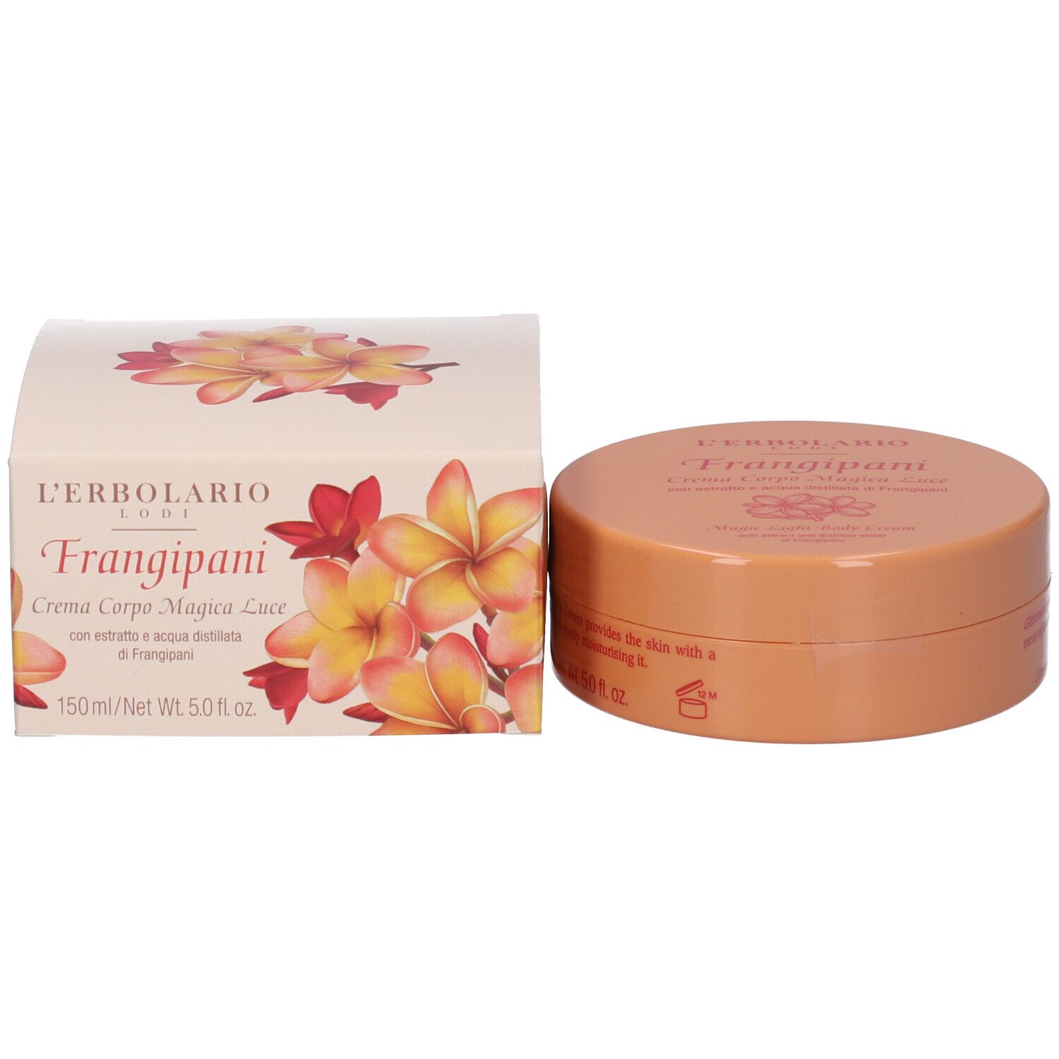 Confezione e vaso. Confezione: scatola rettangolare con motivi floreali. Vaso: vaso rotondo arancione.