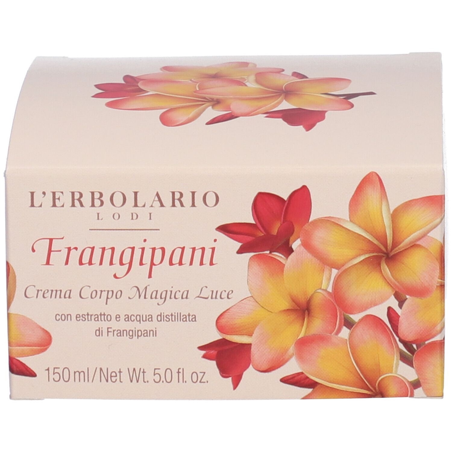 Scatola rettangolare con motivi floreali. Sulla scatola, "L'Erbolario Lodi Frangipani Crema Corpo Magica Luce".