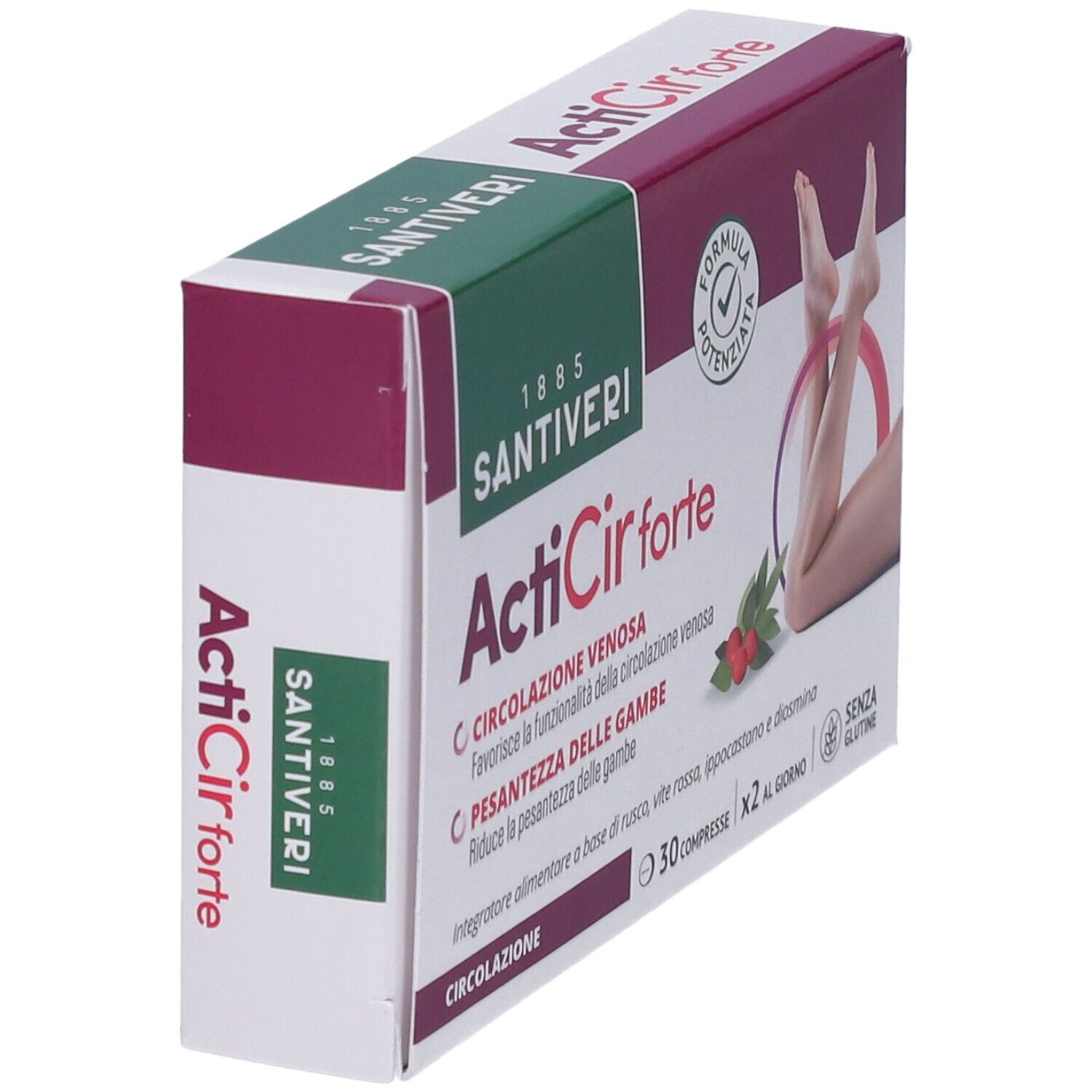 Scatola ActiCir forte, in diagonale. Scritte: Santiveri, ActiCir forte. Immagine di gambe. Senza glutine.