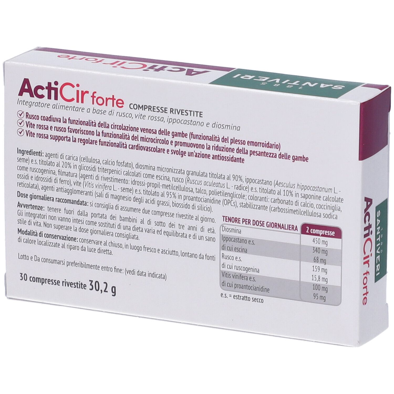 Retro della scatola ActiCir forte. Ingredienti, dosaggio, avvertenze. Scritte: 30 compresse, 30,2 g.