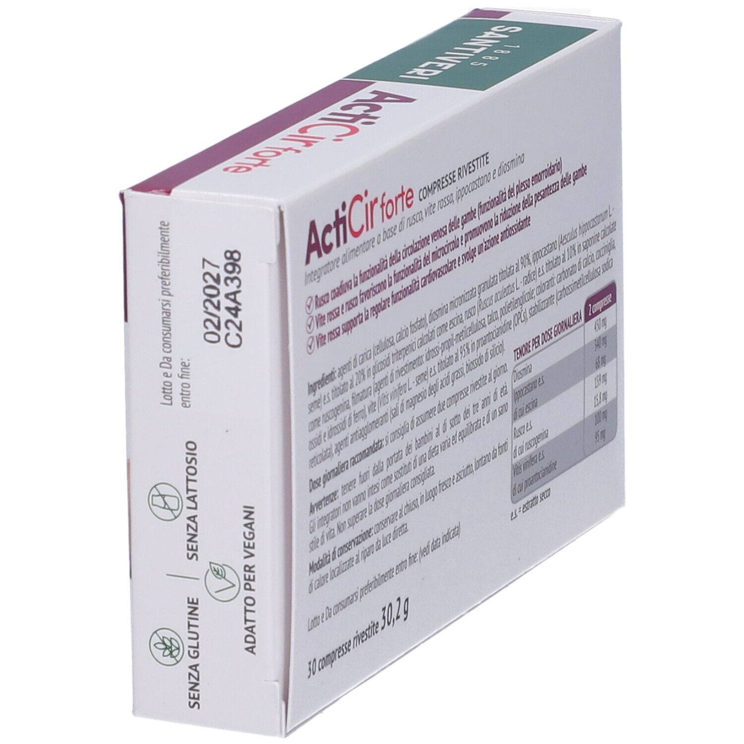Retro della scatola ActiCir forte. Scadenza, senza lattosio, adatto per vegani, senza glutine. 30 compresse.