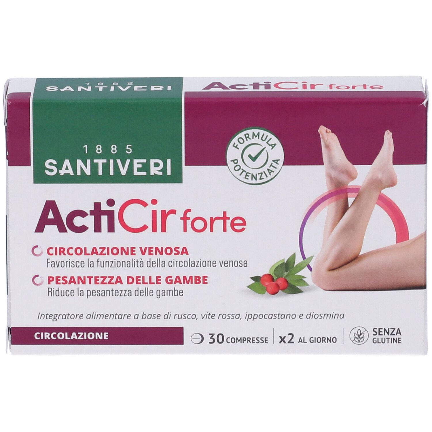 Scatola ActiCir forte. Scritte: Santiveri, ActiCir forte, 30 compresse, senza glutine. Immagine di gambe.