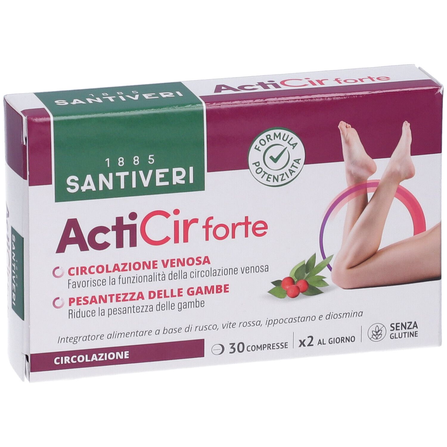 Scatola ActiCir forte. Scritte: Santiveri, ActiCir forte, 30 compresse, senza glutine. Immagine di gambe.