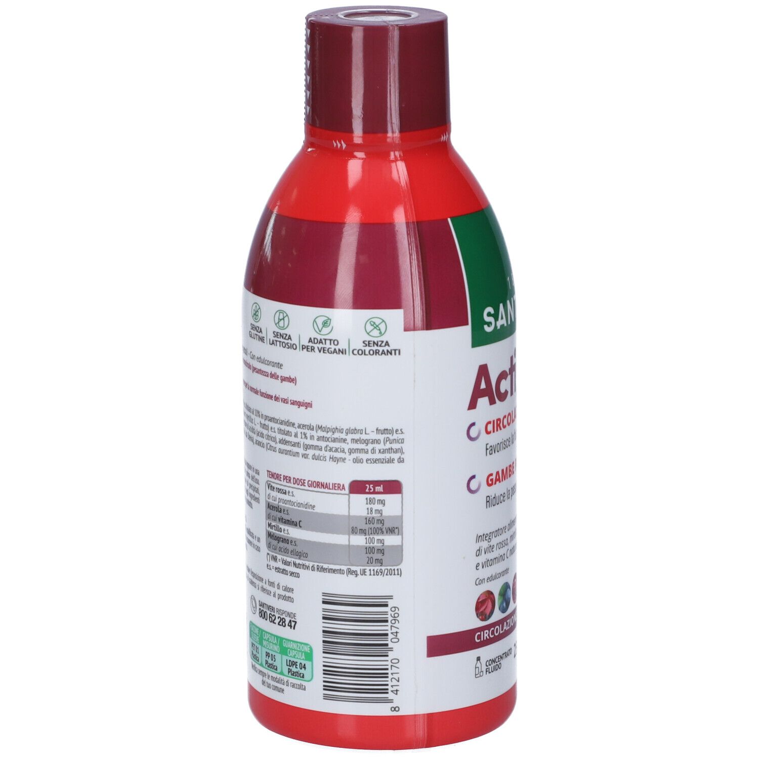 Retro della bottiglia rossa Santiveri ActiCir+. Contiene informazioni su ingredienti e valori nutrizionali. Senza glutine, vegano.