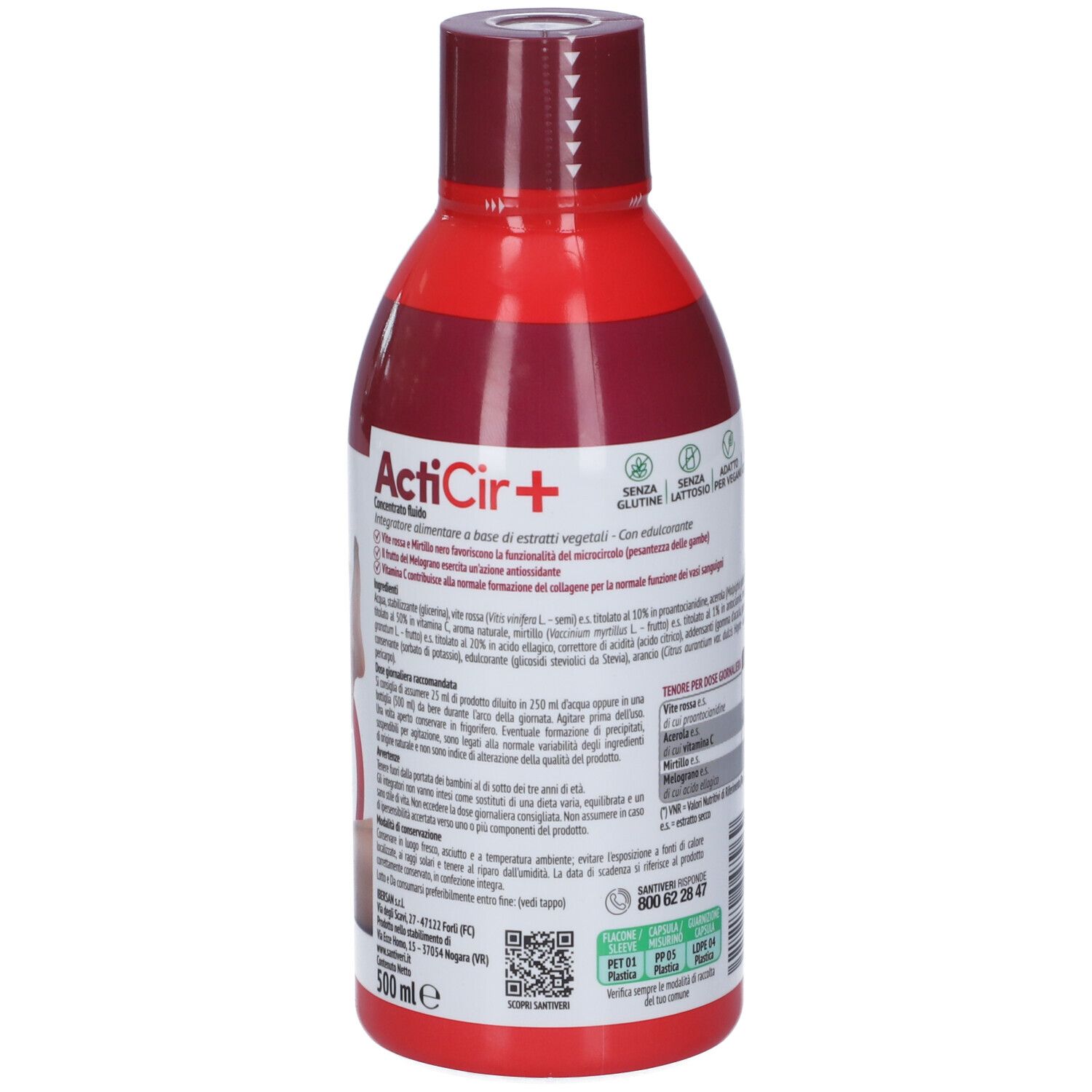 Retro della bottiglia rossa Santiveri ActiCir+. Informazioni su ingredienti e uso. 500 ml.