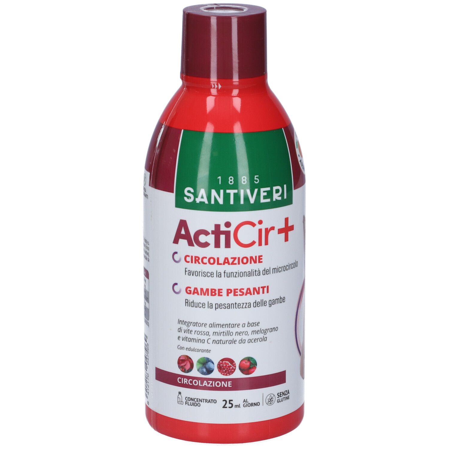 Bottiglia rossa Santiveri ActiCir+. Scritta: Circolazione, gambe pesanti. Senza glutine. 25 ml al giorno.