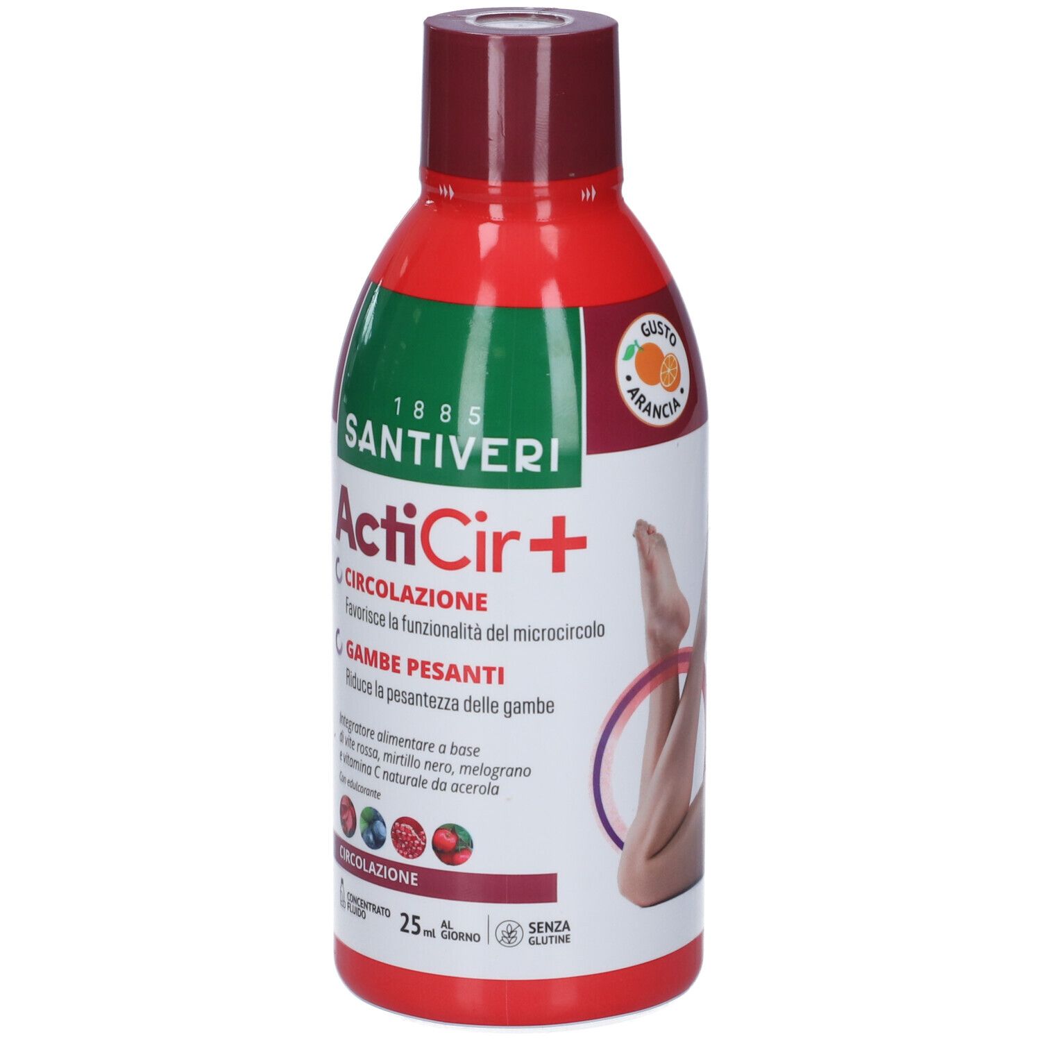 Bottiglia rossa Santiveri ActiCir+ gusto arancia. Scritta: Circolazione, gambe pesanti. Senza glutine.