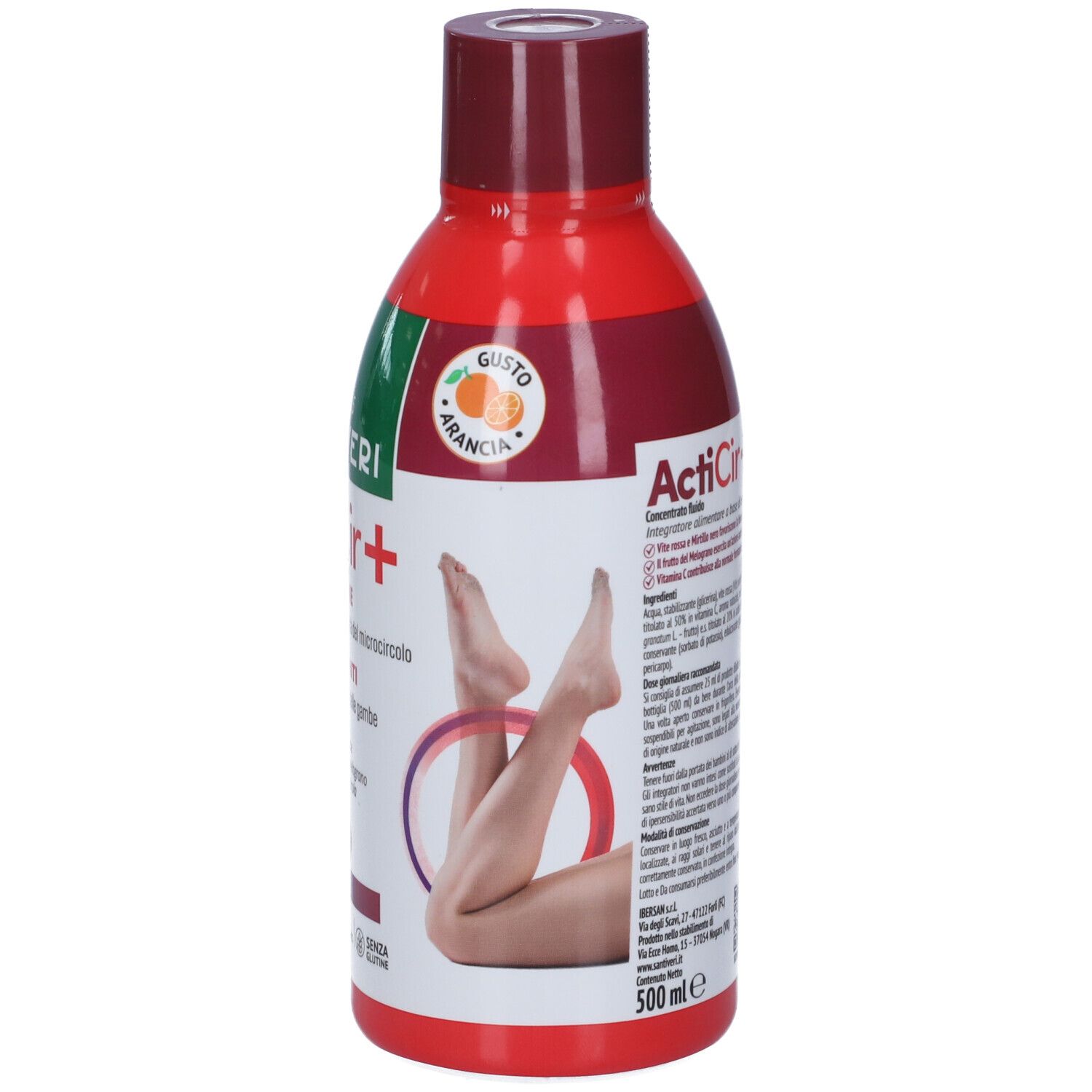Retro della bottiglia rossa Santiveri ActiCir+ gusto arancia. 500 ml. Contiene informazioni sugli ingredienti.