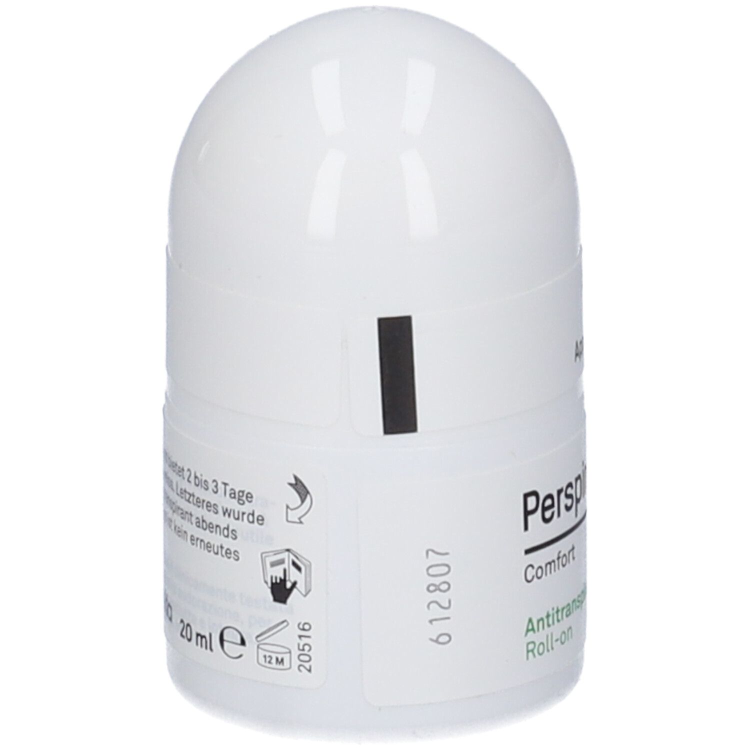Deodorante roll-on bianco. Retro con testo e simboli. Testo: 20 ml, 12M. Nome prodotto: Perspirex Comfort.