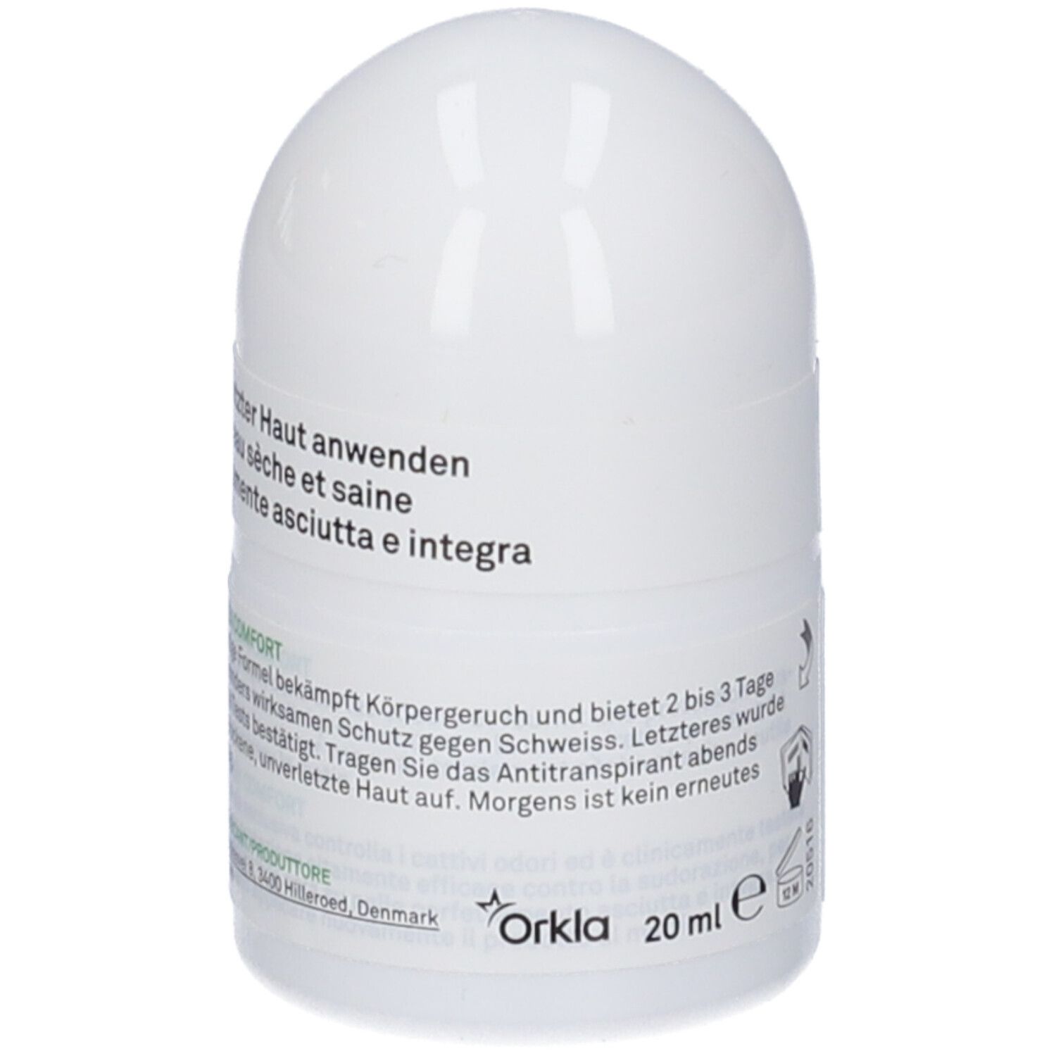 Deodorante roll-on bianco. Testo sul prodotto: 20 ml. Informazioni del produttore. Nome prodotto: Perspirex Comfort.