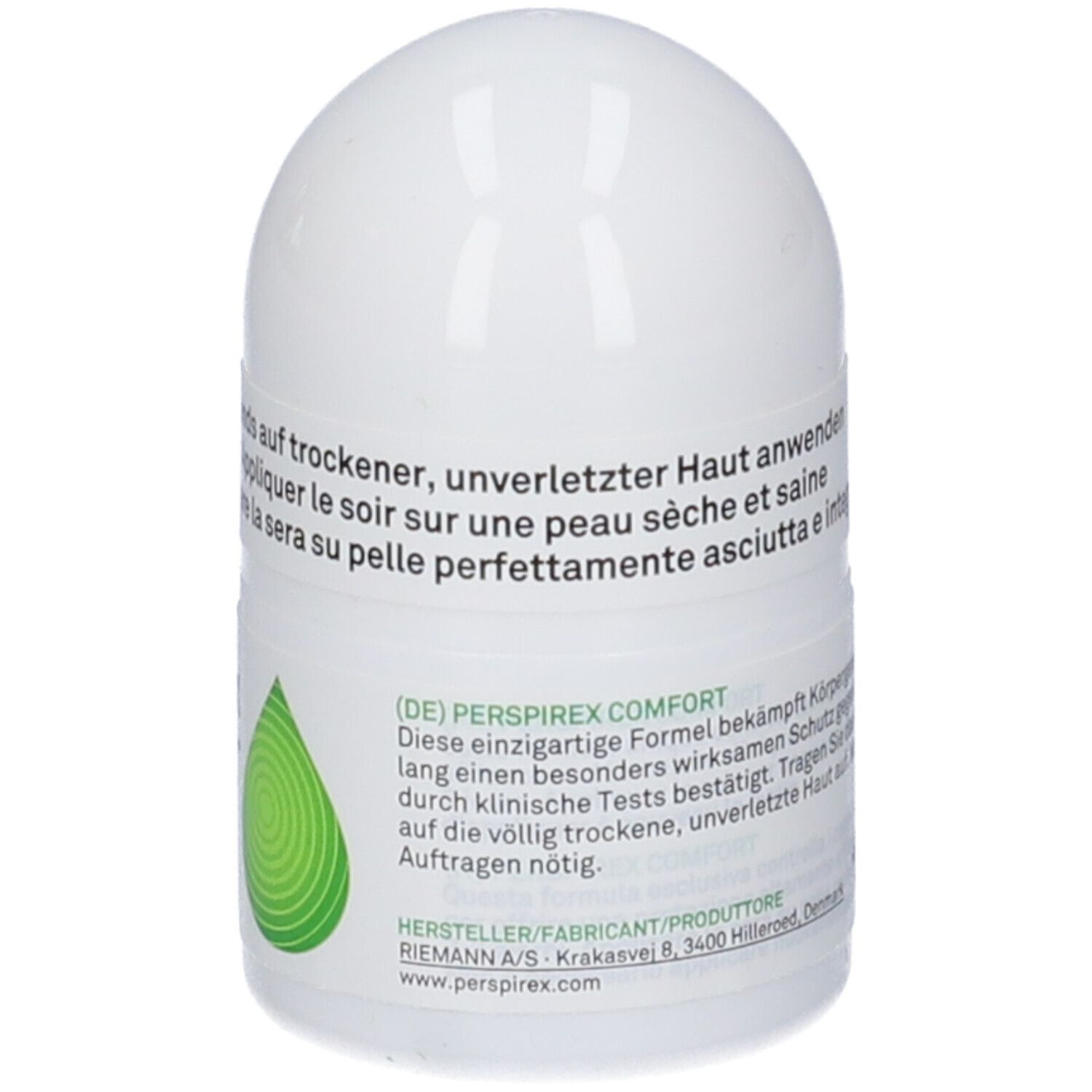 Deodorante roll-on bianco. Testo sul prodotto. Informazioni del produttore. Nome prodotto: Perspirex Comfort. Logo verde.