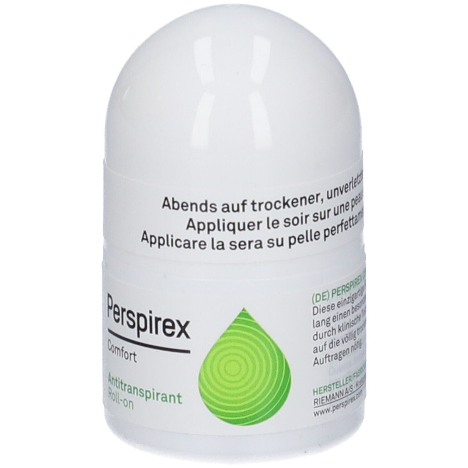 Deodorante roll-on bianco. Nome prodotto: Perspirex Comfort. Logo verde. Testo: Antitraspirante Roll-on. Testo.