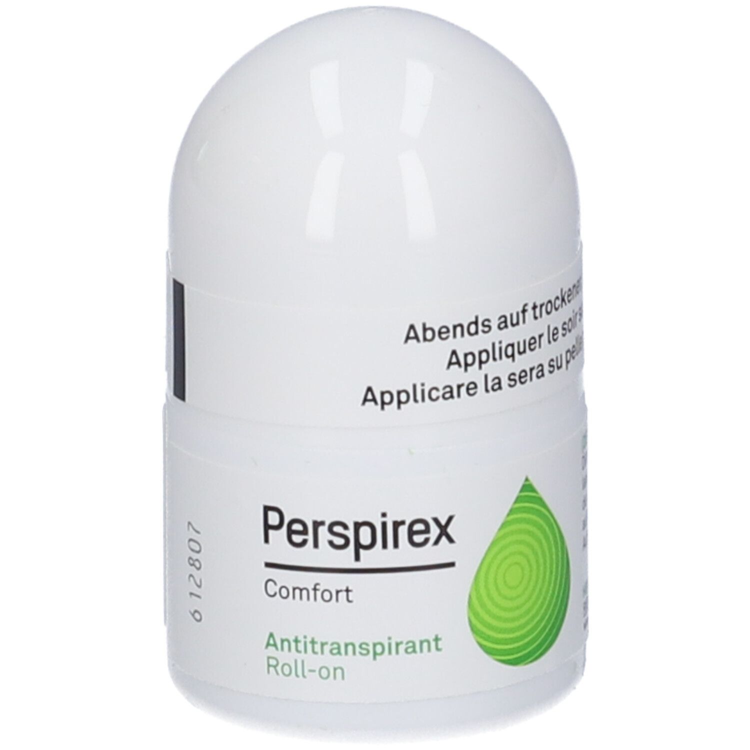 Deodorante roll-on bianco. Nome prodotto: Perspirex Comfort. Logo verde. Testo: Antitraspirante Roll-on. Testo.