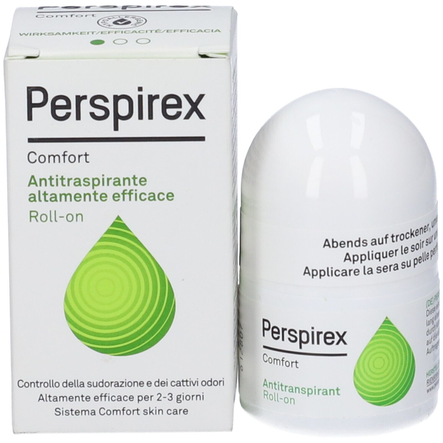 Perspirex Comfort roll-on e confezione. Confezione bianca con nome del prodotto e logo verde. Testo.