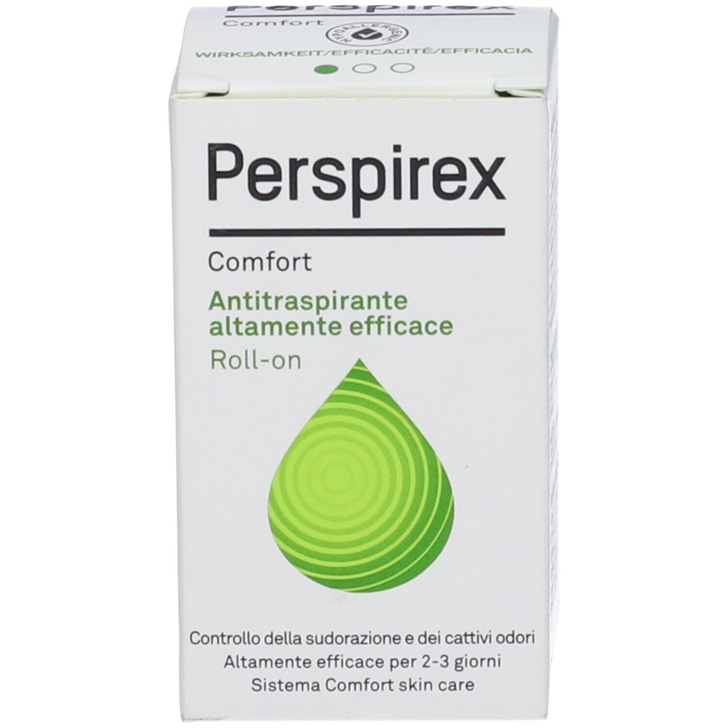 Confezione bianca con nome prodotto: Perspirex Comfort. Logo verde. Testo: Antitraspirante, roll-on. Testo.