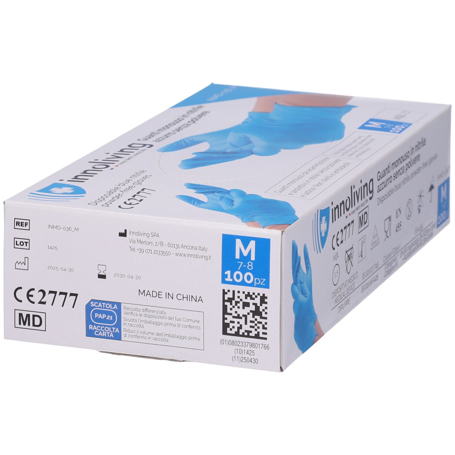 Scatola di guanti Innoliving blu, taglia M, 100 pezzi. Dispositivo medico. Certificazione CE2777.
