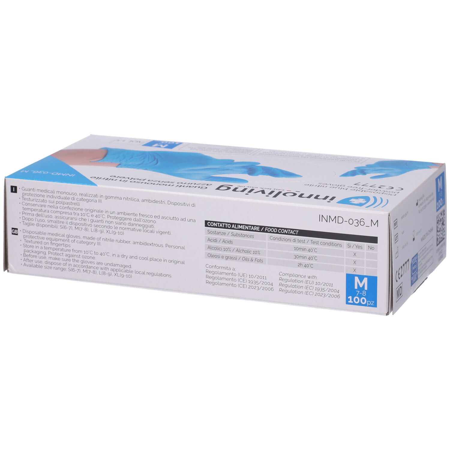 Scatola di guanti Innoliving blu, taglia M, 100 pezzi. Dispositivo medico. Informazioni sui materiali a contatto.