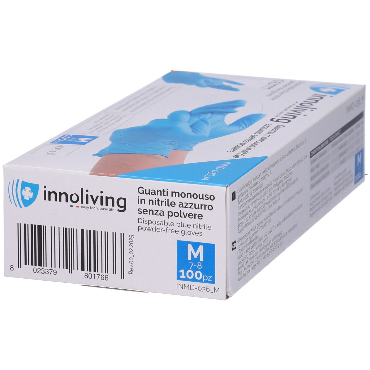 Scatola di guanti Innoliving blu, taglia M, 100 pezzi. Codice a barre e informazioni sul prodotto.