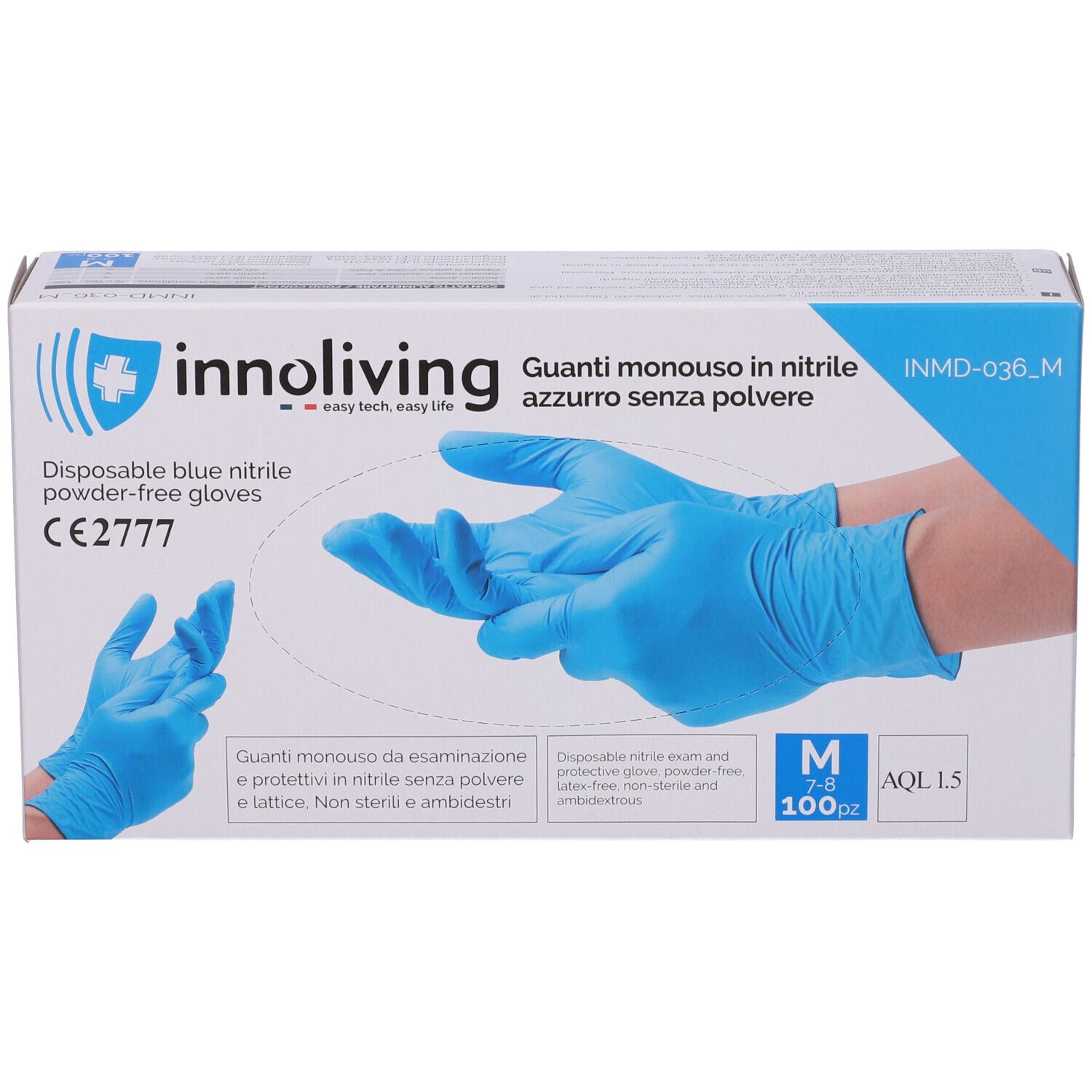 Scatola di guanti Innoliving blu, taglia M, 100 pezzi. Dispositivo medico. Certificazione CE2777.