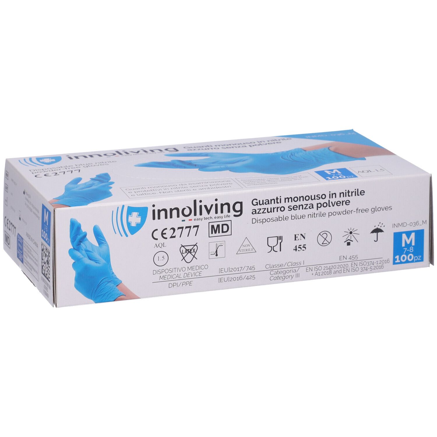 Scatola di guanti Innoliving blu, taglia M, 100 pezzi. Dispositivo medico. Certificazione CE2777.