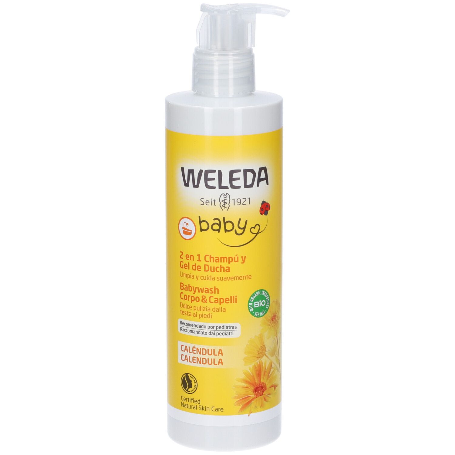 Weleda Baby 2in1 Bagnodoccia. Flacone giallo con pompa. Scritta: Weleda, baby, 2 en 1 Champú y Gel de Ducha, Calendula.